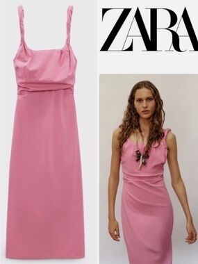 NWT Zara Pink Ruched-Shoulder Midi Dress